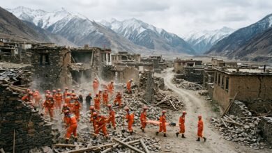 صورة تعبيرية مولدة بالذكاء الاصطناعي تجسد آثار زلزال وعمليات إنقاذ، ولا توثق موقع الزلزال الحقيقي